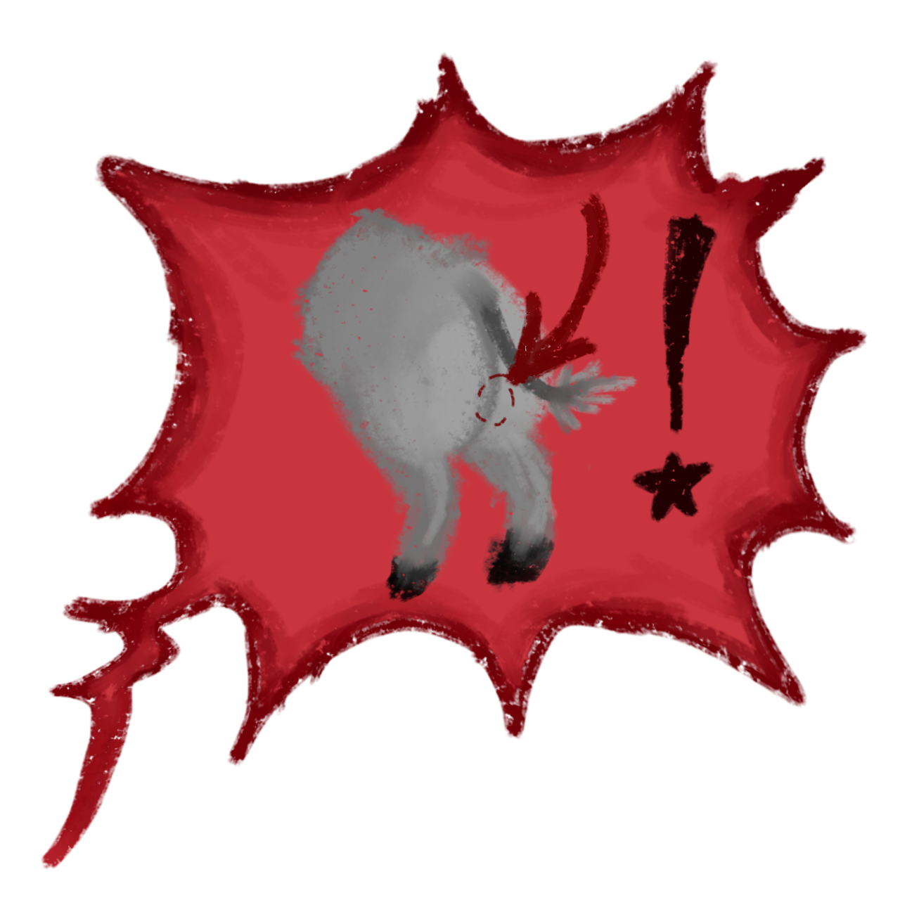  a donkey's backside with a red arrow pointing to it's anus and an exclamation point in a red spiky speech bubble.